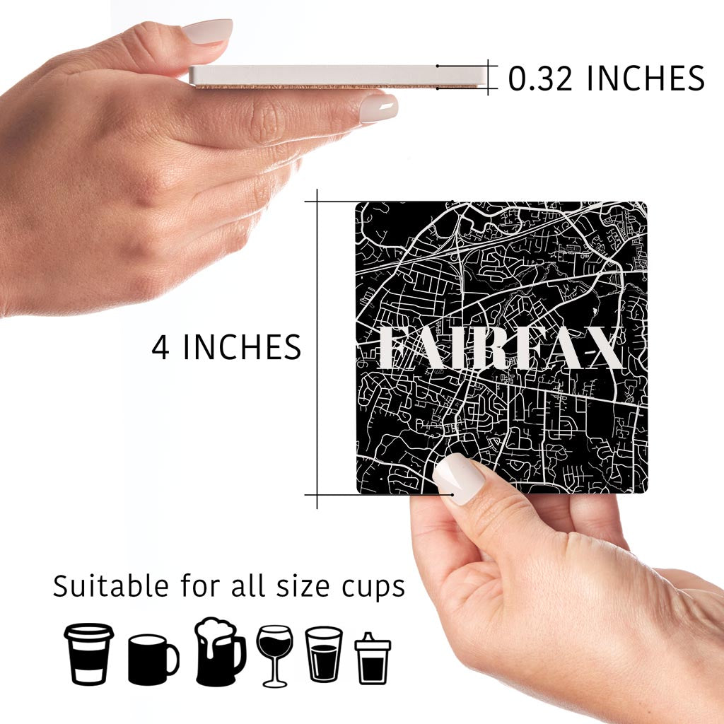 Minimalistic B&W Virginia Fairfax Maps | Absorbent Coasters | Set of 4 | Min 2