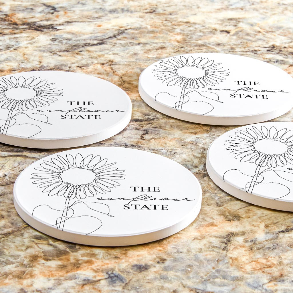 Minimalist B&W Kansas Sunflower Line Drawing | Absorbent Coasters | Set of 4 | Min 2