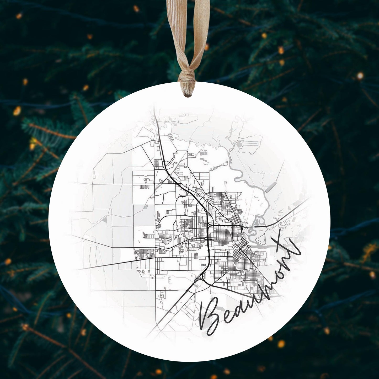 Minimalistic B&W Texas Beaumont Circle Map | Wood Ornament | Eaches | Min 1