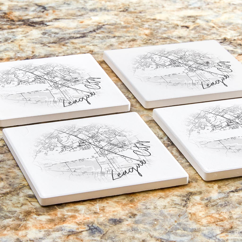 Minimalistic B&W Texas League City Circle Map | Absorbent Coasters | Set of 4 | Min 2