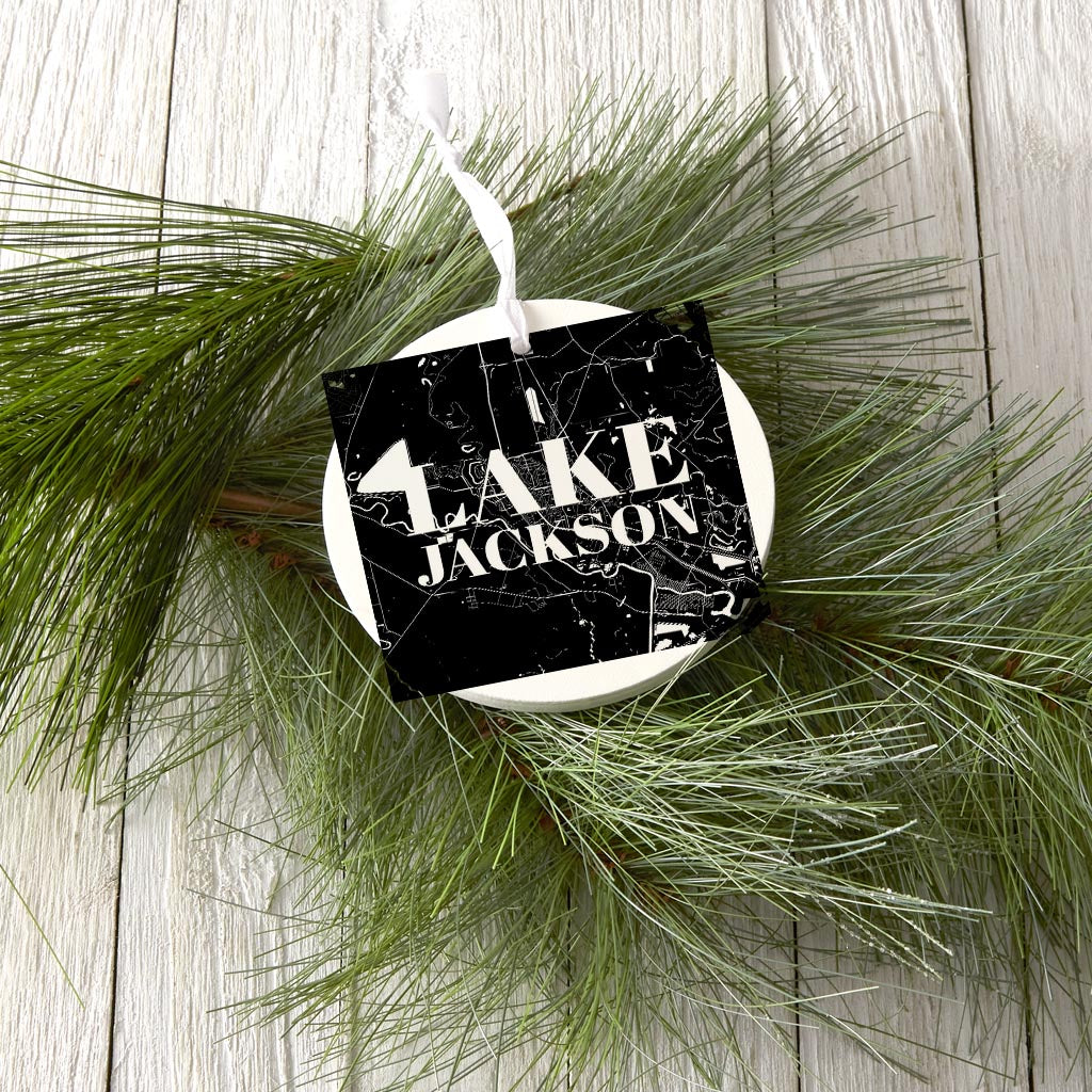 Minimalistic B&W Texas Lake Jackson Map | Wood Ornament | Eaches | Min 6