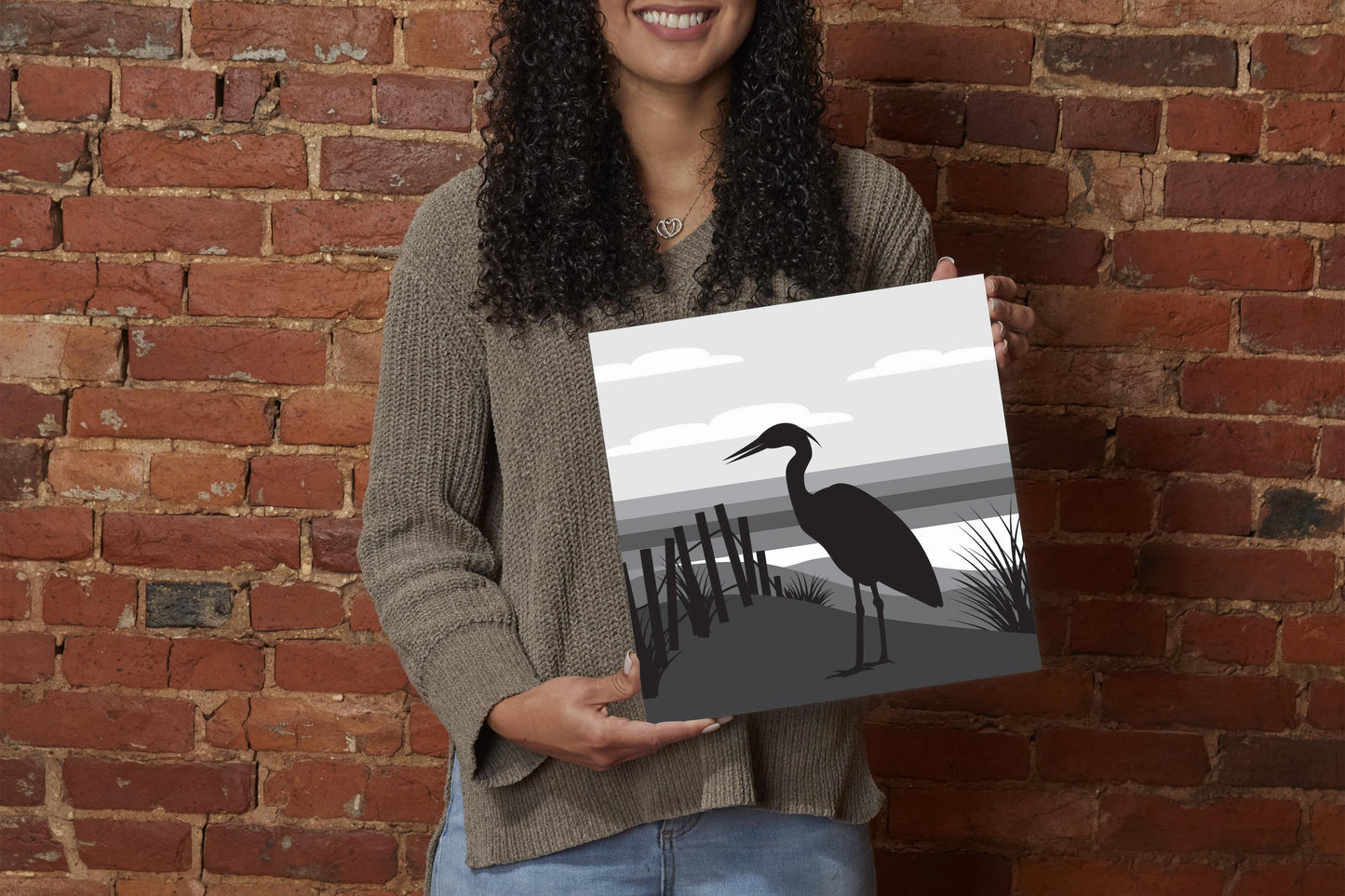 Minimalistic B&W Cape Cod Heron Illustration | Wood Sign | Eaches | Min 2