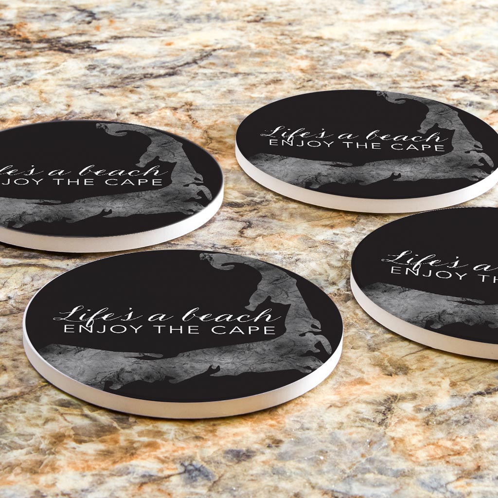 Minimalistic B&W Cape Cod Lifes A Beach | Absorbent Coasters | Set of 4 | Min 2