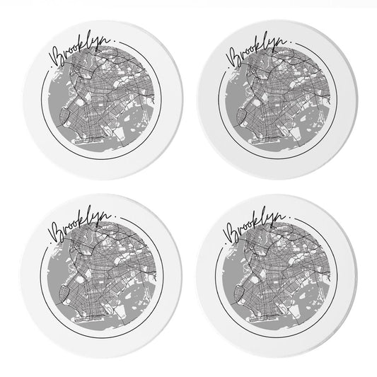 Minimalistic B&W New York Brooklyn Circle Map | Absorbent Coasters | Set of 4 | Min 2