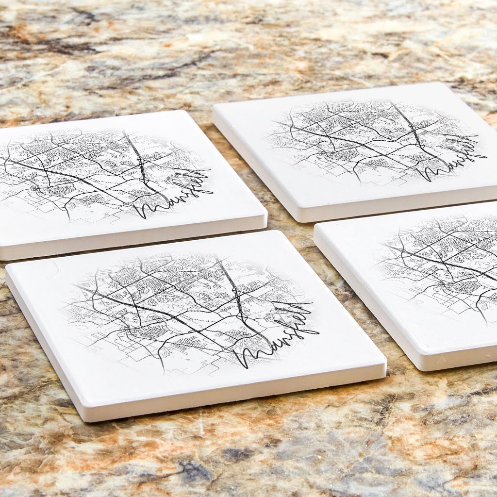 Minimalistic B&W Texas Mansfield Circle Map | Absorbent Coasters | Set of 4 | Min 2