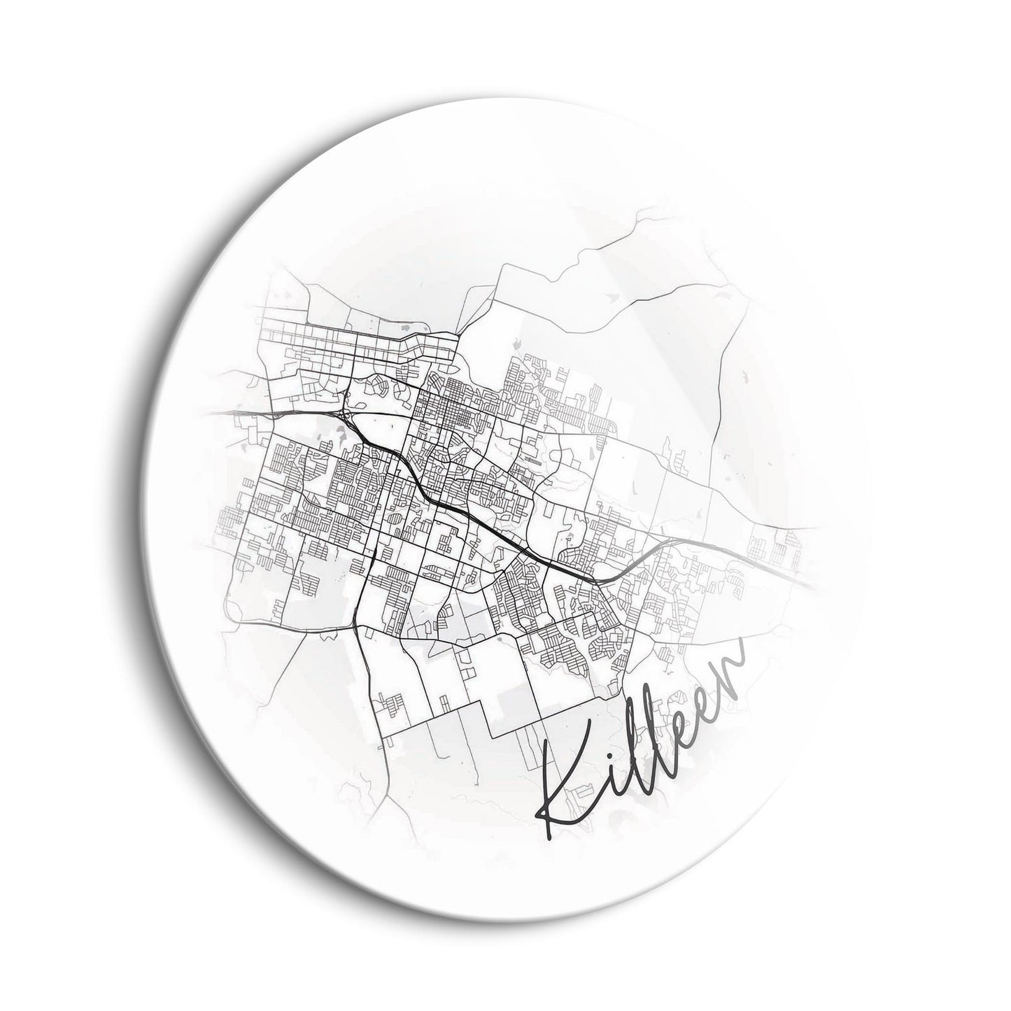 Minimalistic B&W Texas Killeen Circle Map | Hi-Def Glass Art | Eaches | Min 1
