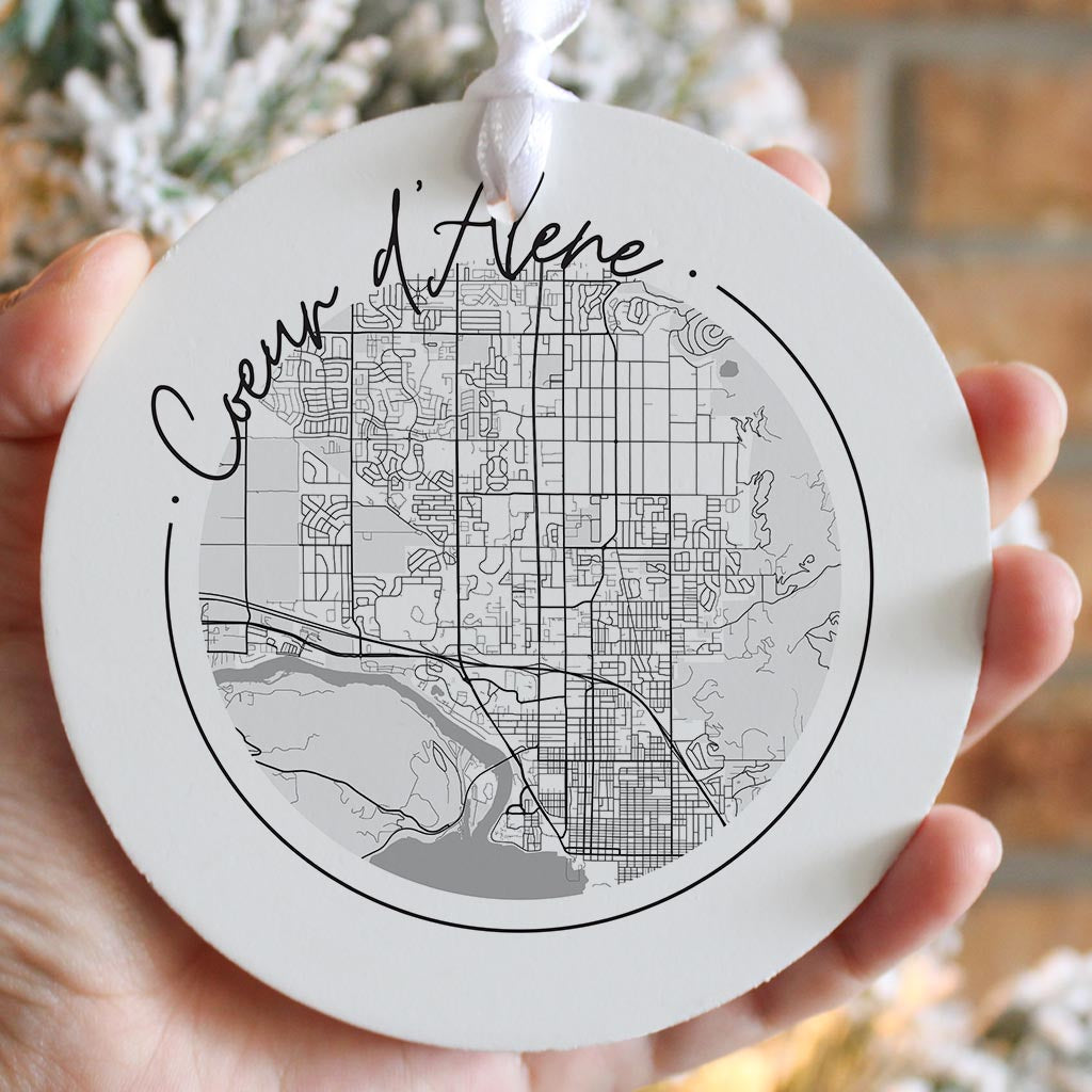 Minimalist B&W Idaho Coeur Dalene Circle Map | Wood Ornament | Eaches | Min 6