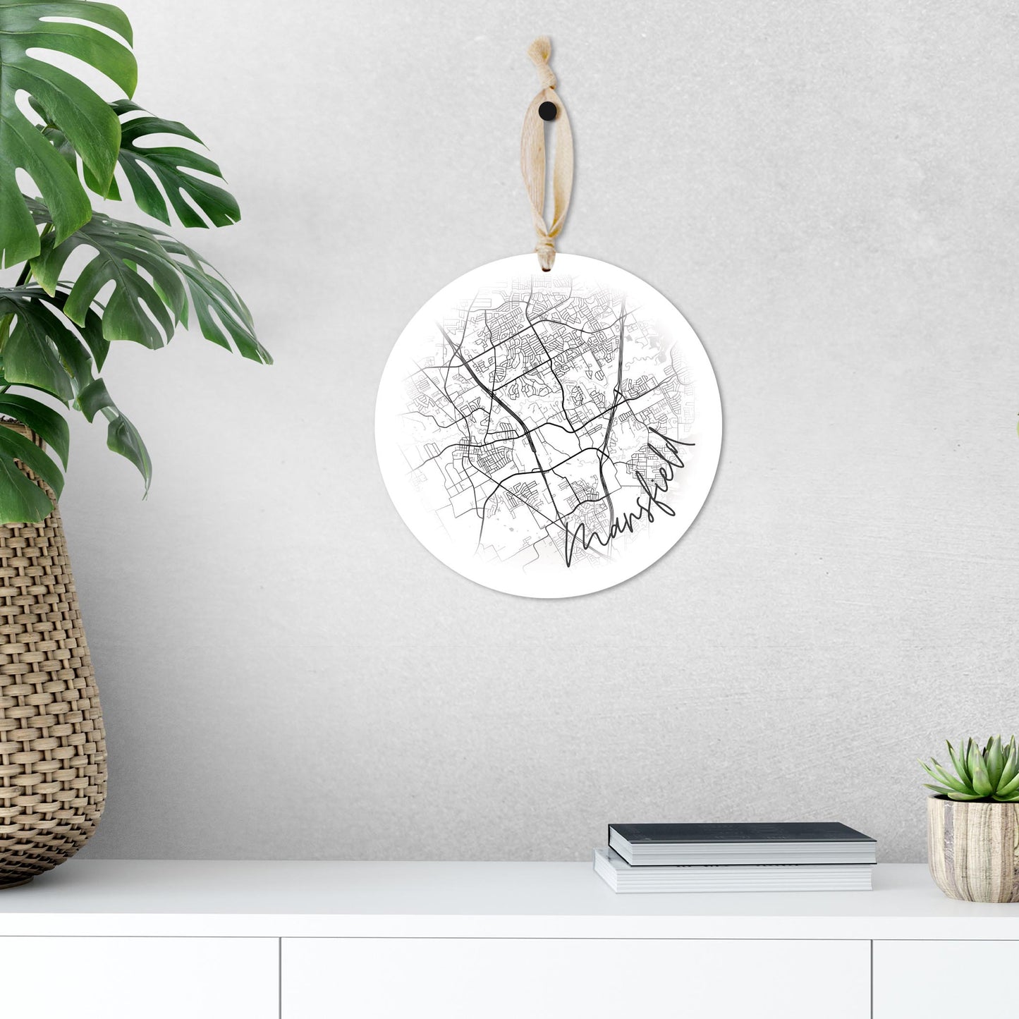 Minimalistic B&W Texas Mansfield Circle Map | Wood Ornament | Eaches | Min 1