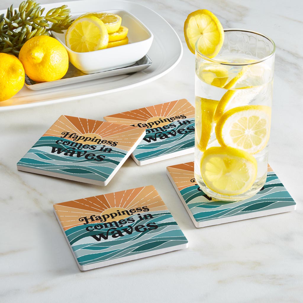 Happiness Comes In Waves | Absorbent Coasters | Set of 4 | Min 2