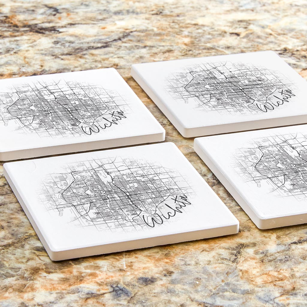 Minimalistic B&W Kansas Wichita Circle Map | Absorbent Coasters | Set of 4 | Min 2