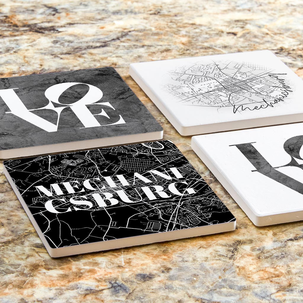 Minimalistic B&W Pennsylvania Mechanicsburg Maps Love | Absorbent Coasters | Set of 4 | Min 2