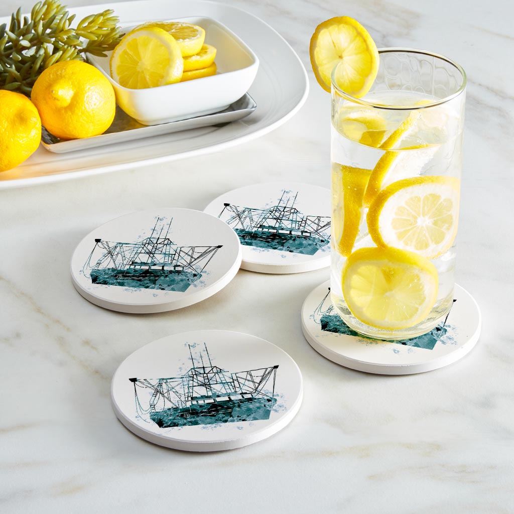 Blue White Water Color Shrimp Boat | Absorbent Coasters | Set of 4 | Min 2