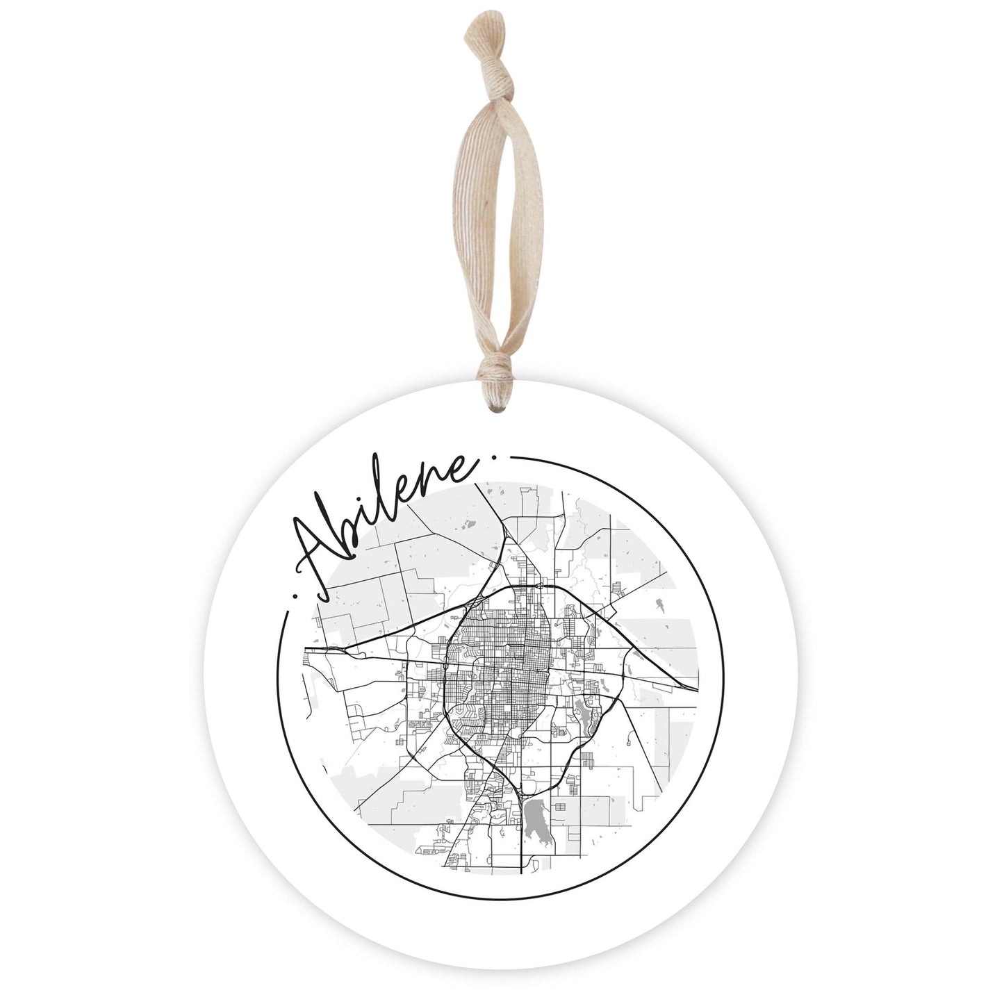 Minimalist B&W Texas Abilene Circle Map | Wood Ornament | Eaches | Min 1