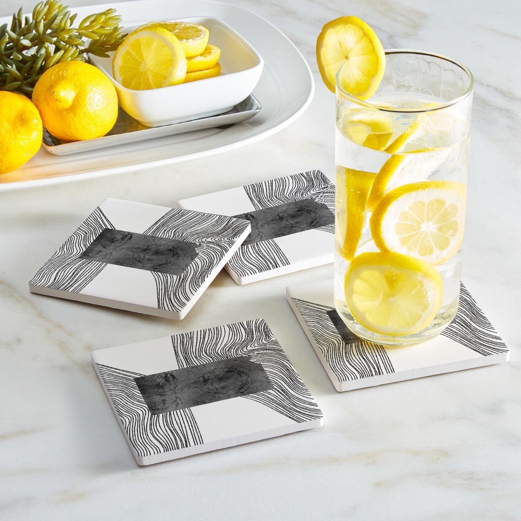 Minimalist B&W Kansas State With Fluid Lines | Absorbent Coasters | Set of 4 | Min 2