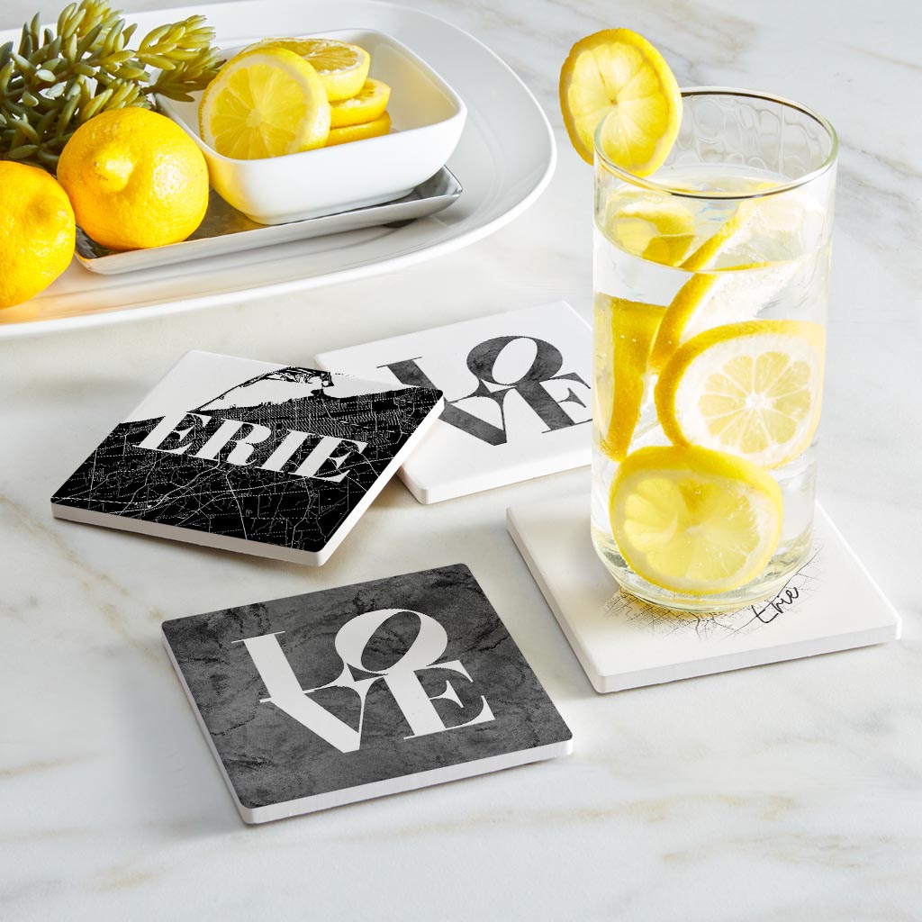 Minimalistic B&W Pennsylvania Erie Maps Love| Absorbent Coasters | Set of 4 | Min 2