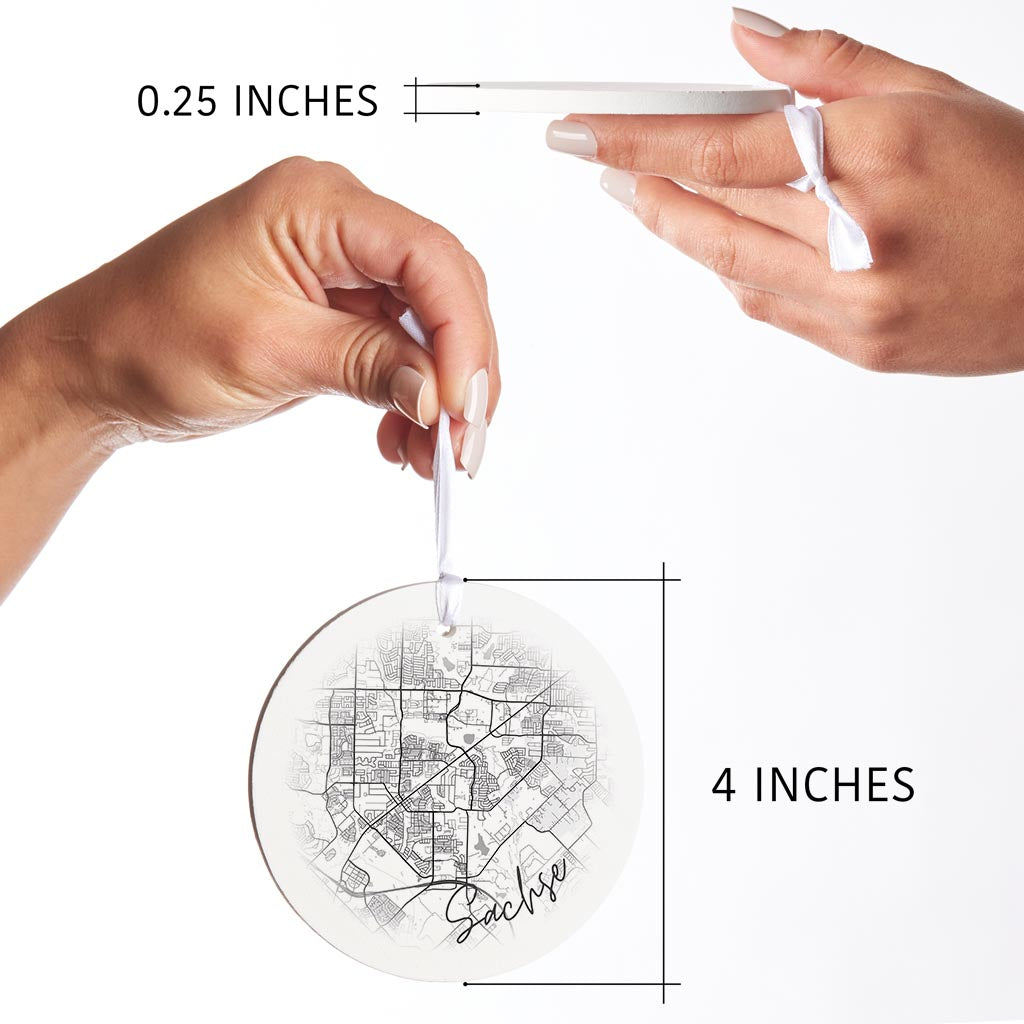 Minimalistic B&W Texas Sachse Circle Map | Wood Ornament | Eaches | Min 6