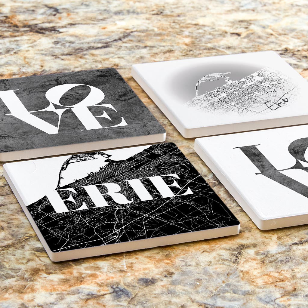 Minimalistic B&W Pennsylvania Erie Maps Love| Absorbent Coasters | Set of 4 | Min 2