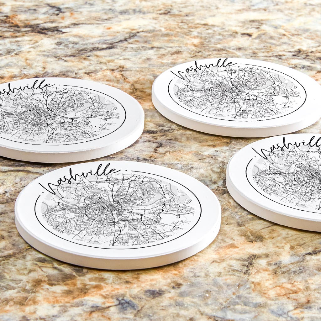 Minimalist B&W Tennessee Nashville Circle Map | Absorbent Coasters | Set of 4 | Min 2