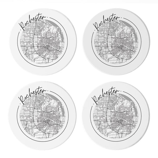 Minimalistic B&W New York Rochester Circle Map | Absorbent Coasters | Set of 4 | Min 2