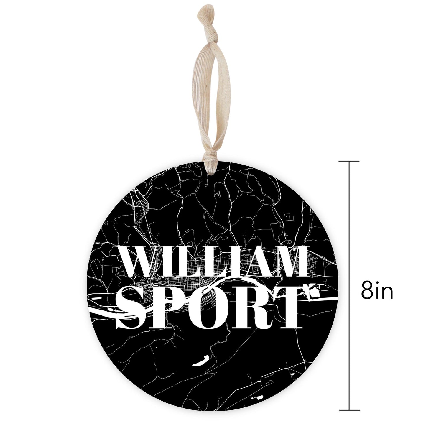 Minimalistic B&W Pennsylvania Williamsport Map | Wood Ornament | Eaches | Min 1