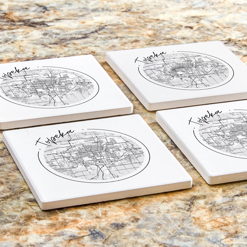 Minimalist B&W Kansas Topeka Circle Map | Absorbent Coasters | Set of 4 | Min 2