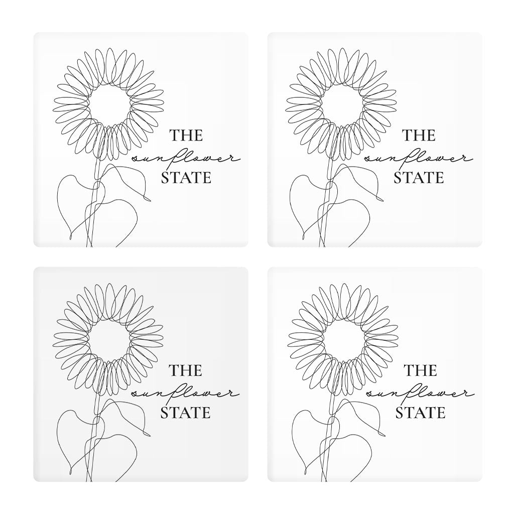 Minimalist B&W Kansas Sunflower Line Drawing | Absorbent Coasters | Set of 4 | Min 2