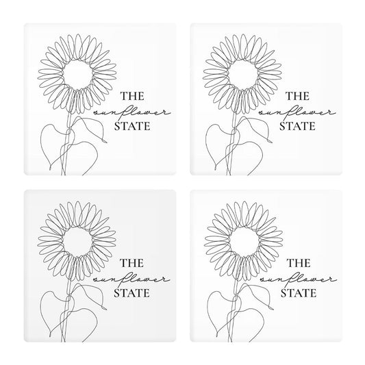 Minimalist B&W Kansas Sunflower Line Drawing | Absorbent Coasters | Set of 4 | Min 2