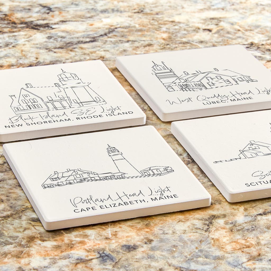 New England Lighthouses Cream Colored | Absorbent Coasters | Set of 4 | Min 2