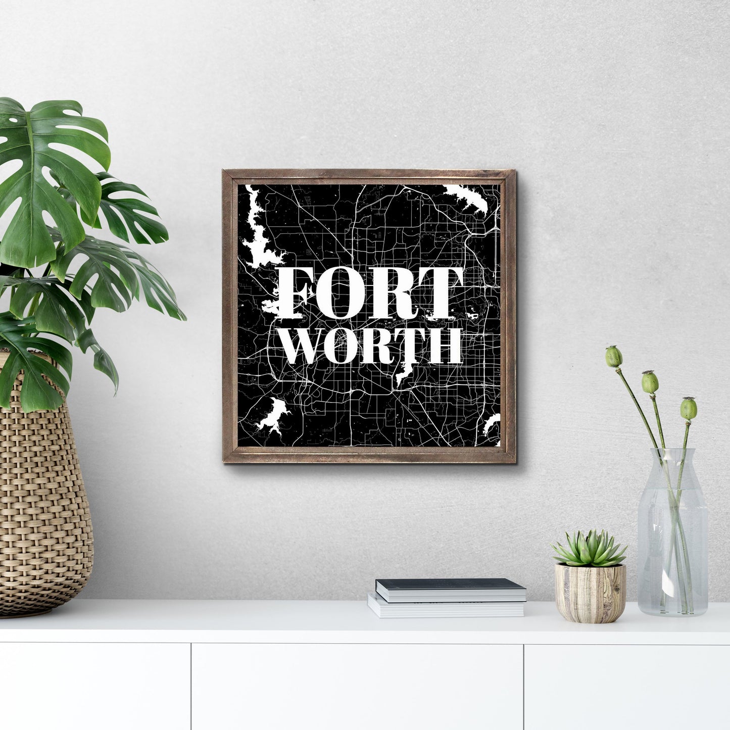 Minimalistic B&W Texas Fort Worth Map | Wood Sign | Eaches | Min 1