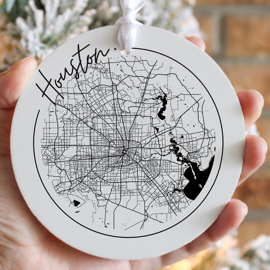 Modern Houston White Round Map | Wood Ornament | Eaches | Min 6