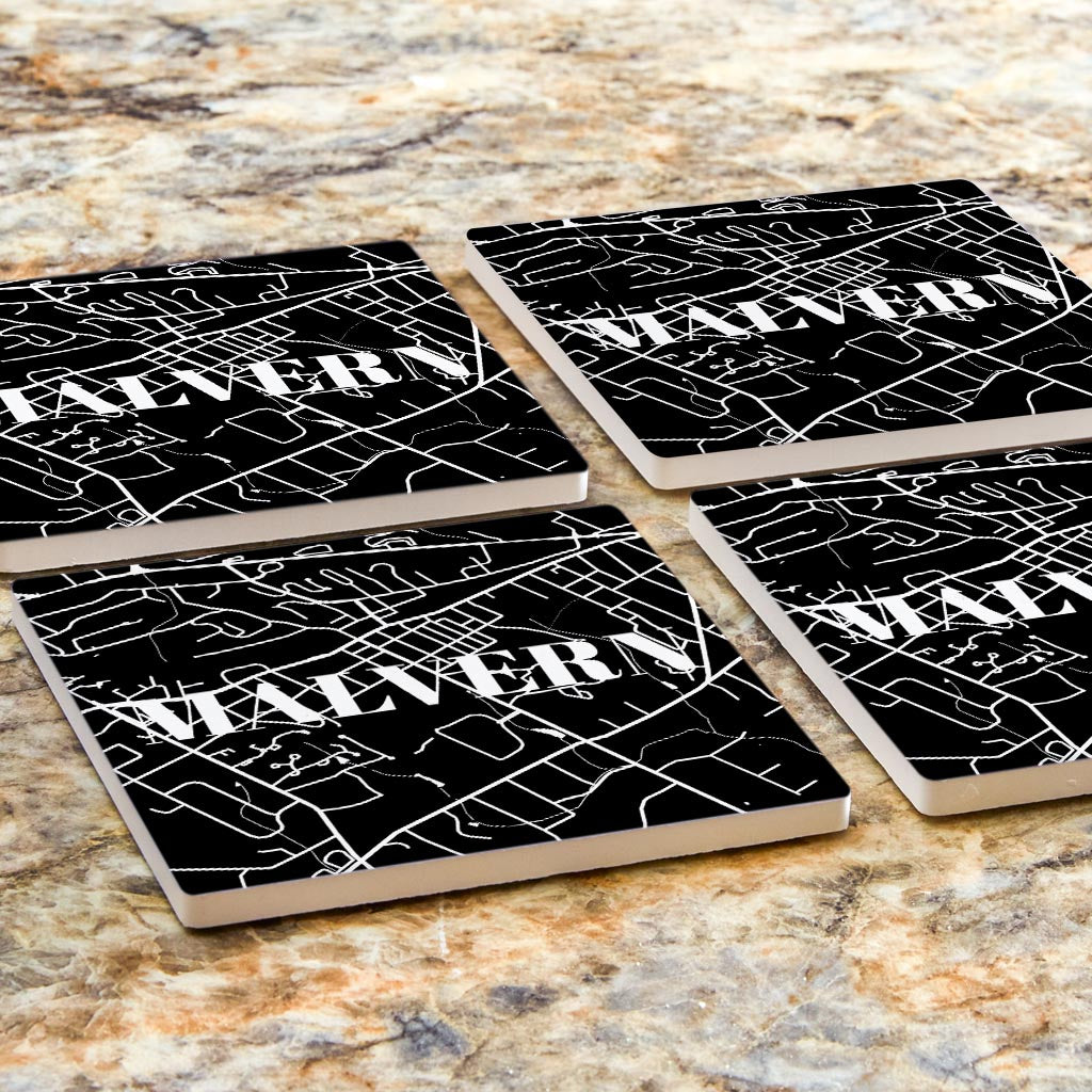 Minimalistic B&W Pennsylvania Malvern Map | Absorbent Coasters | Set of 4 | Min 2