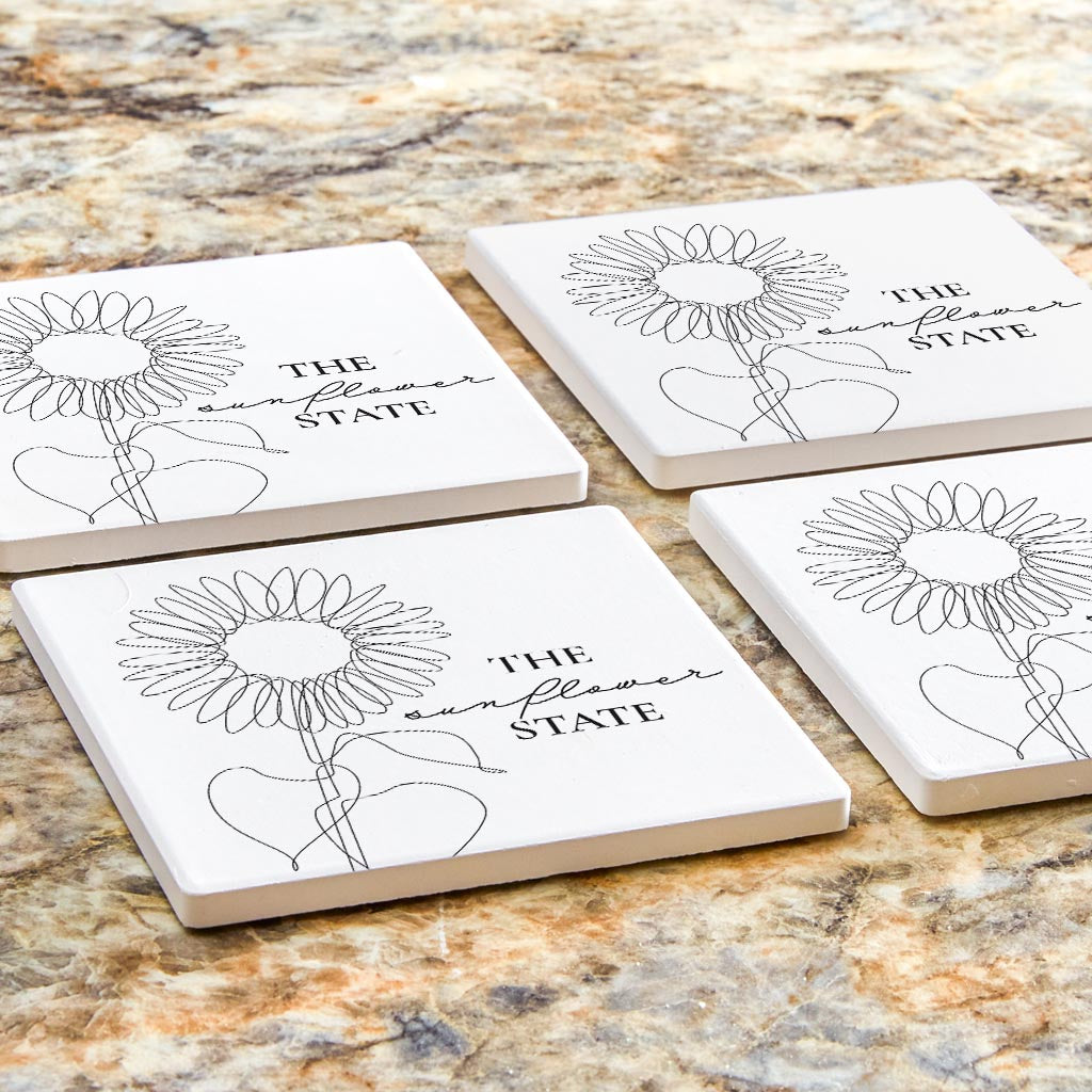 Minimalist B&W Kansas Sunflower Line Drawing | Absorbent Coasters | Set of 4 | Min 2