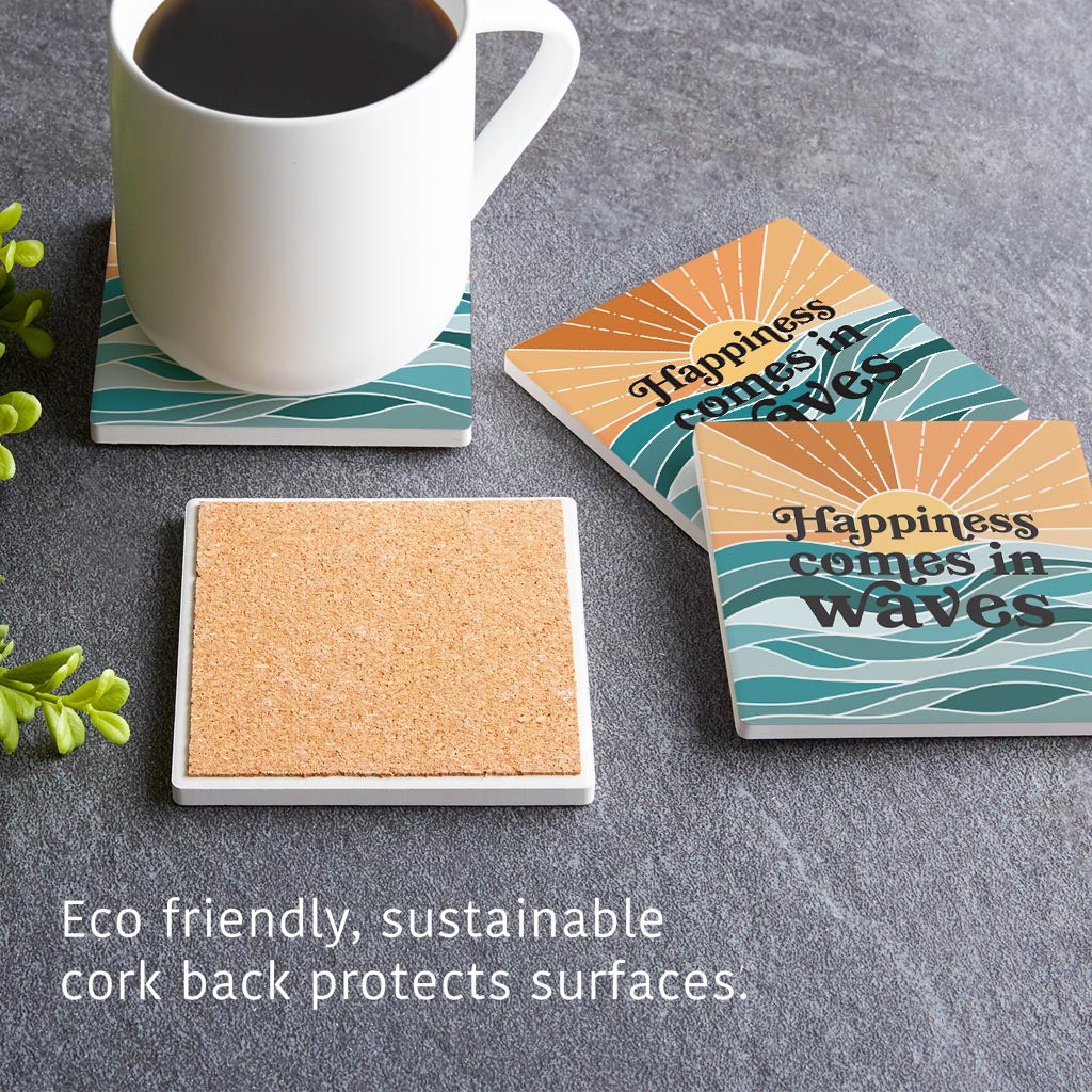 Happiness Comes In Waves | Absorbent Coasters | Set of 4 | Min 2