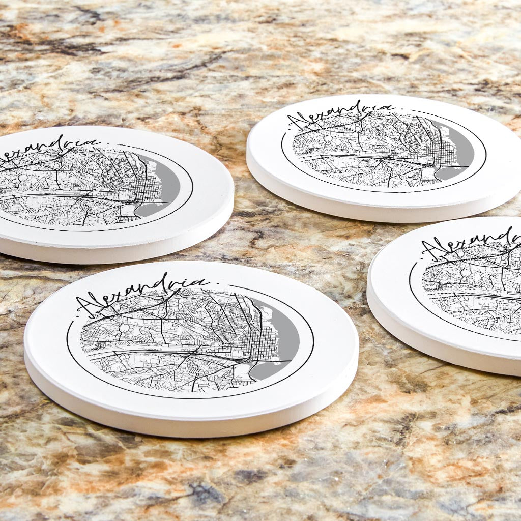 Minimalistic B&W Virginia Alexandria Circle Map | Absorbent Coasters | Set of 4 | Min 2