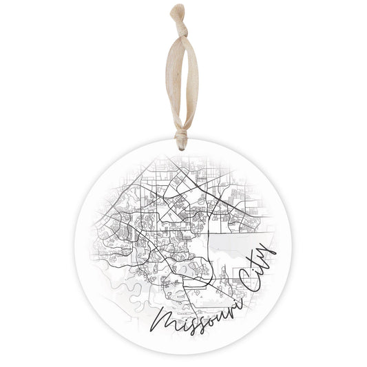 Minimalistic B&W Texas Missouri City Circle Map | Wood Ornament | Eaches | Min 1