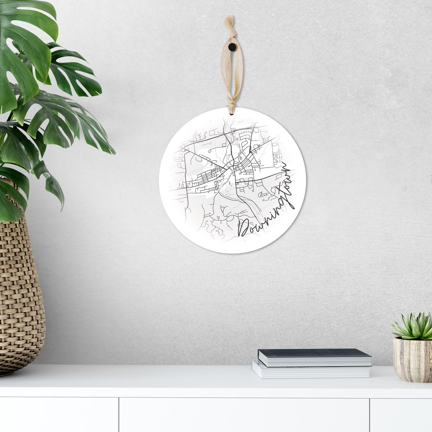 Minimalistic B&W Pennsylvania Downingtown Circle Map | Wood Ornament | Eaches | Min 1