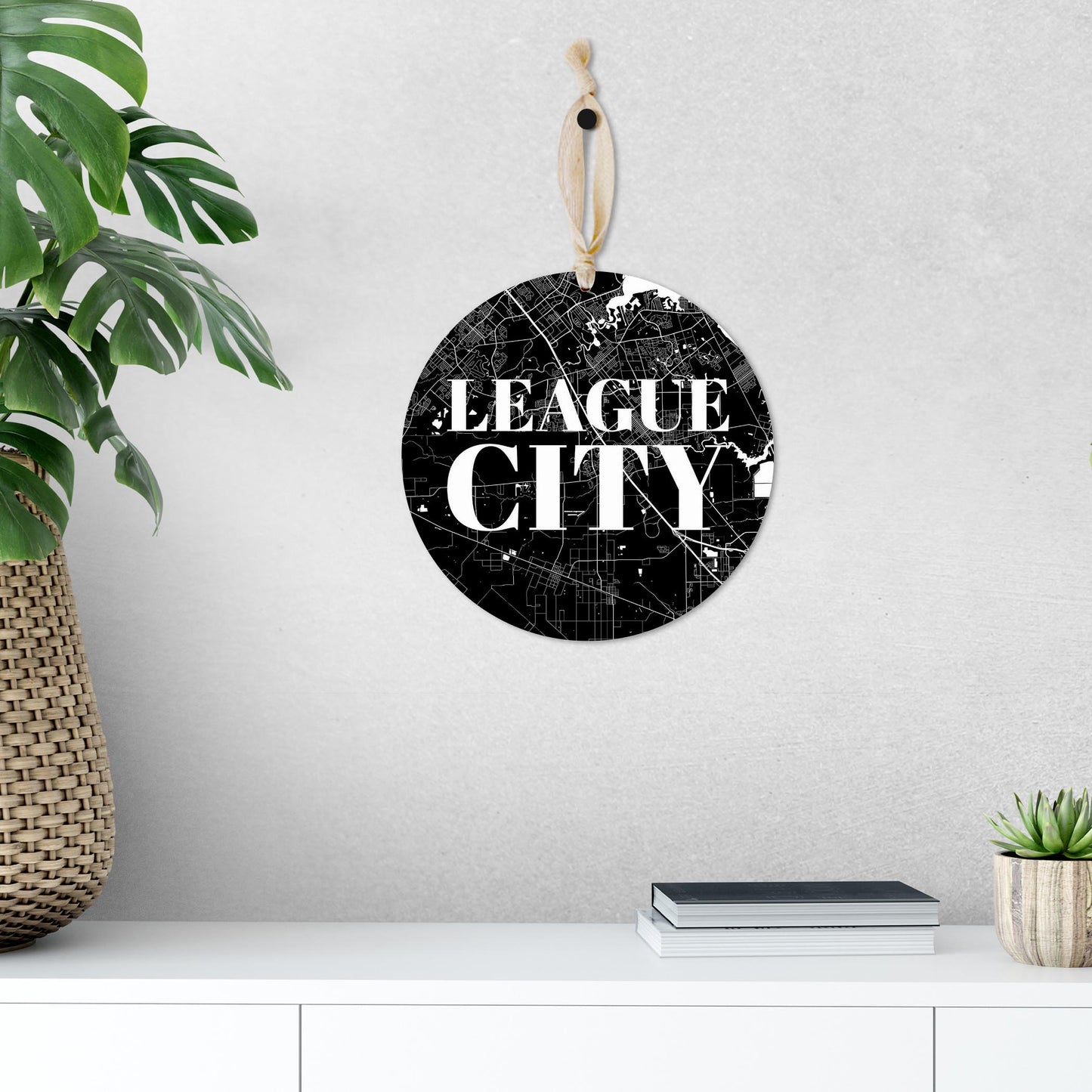 Minimalistic B&W Texas League City Map | Wood Ornament | Eaches | Min 1