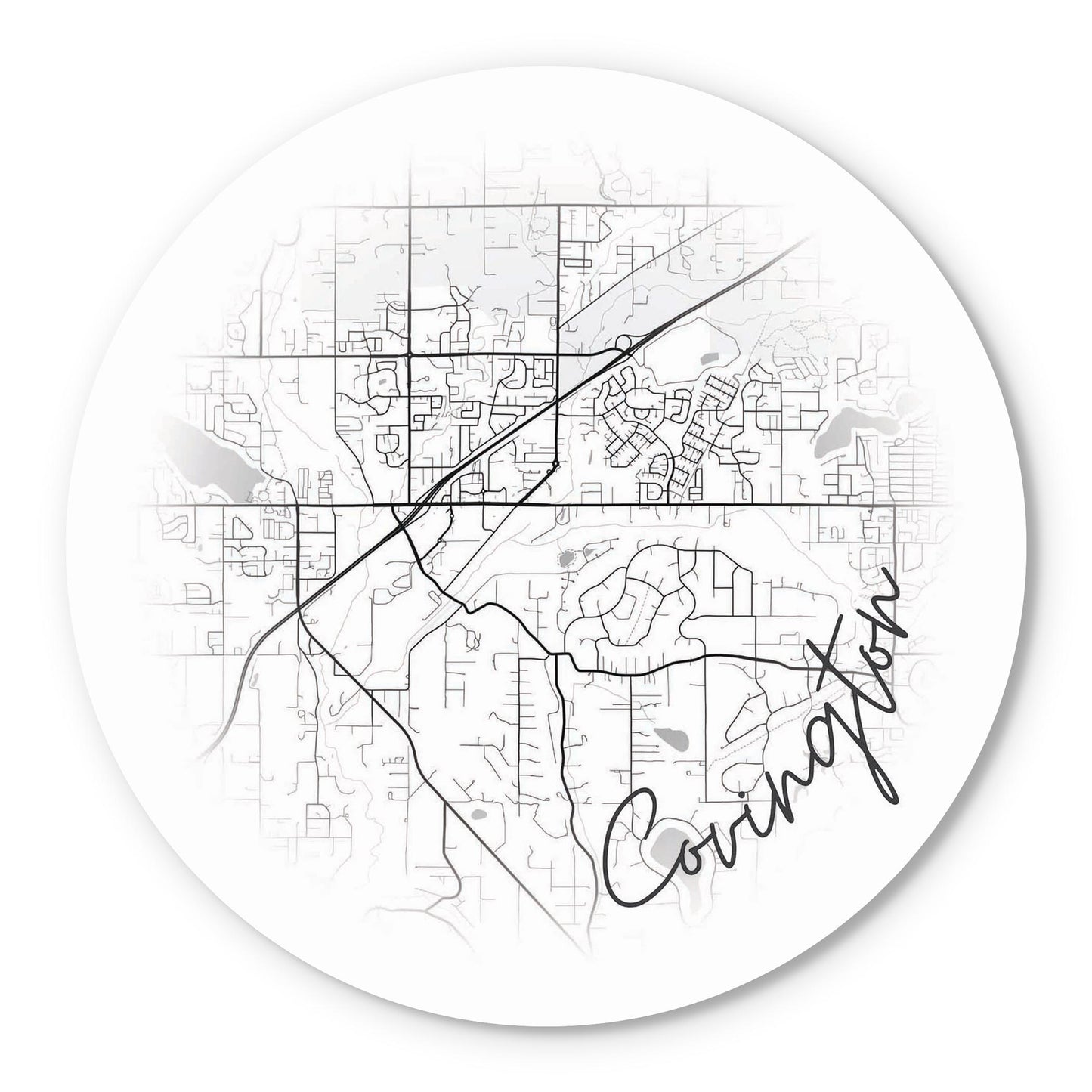 Minimalistic B&W Washington Covington Circle Map | Wood Sign | Eaches | Min 1