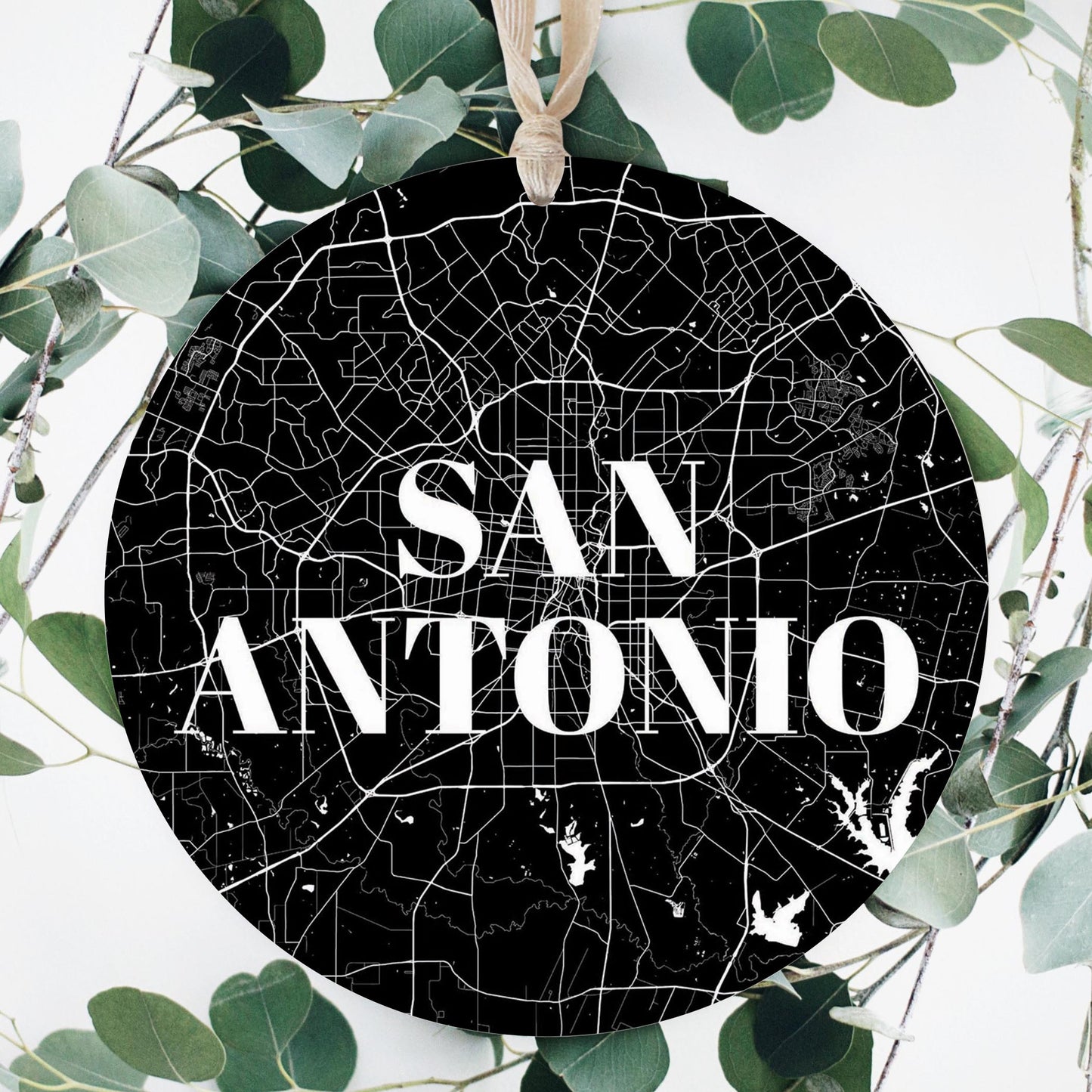 Minimalistic B&W Texas San Antonio Map | Wood Ornament | Eaches | Min 1