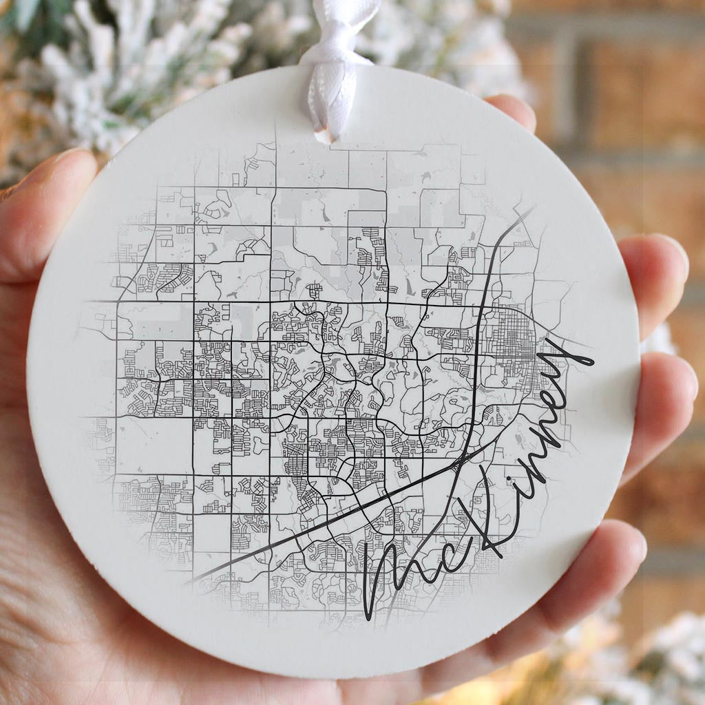 Minimalistic B&W Texas Mckinney Circle Map | Wood Ornament | Eaches | Min 6