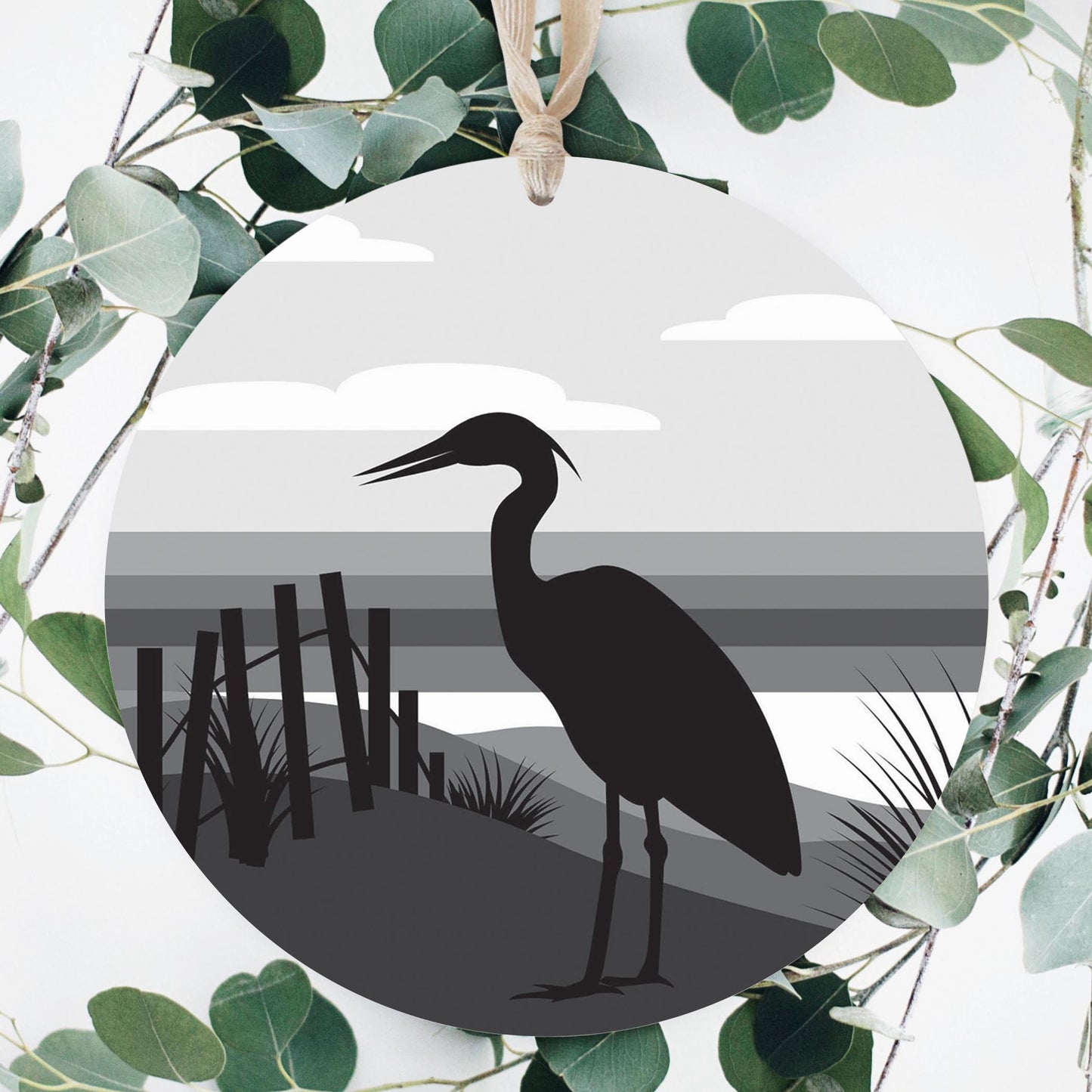 Minimalistic B&W Cape Cod Heron Illustration | Wood Ornament | Eaches | Min 1