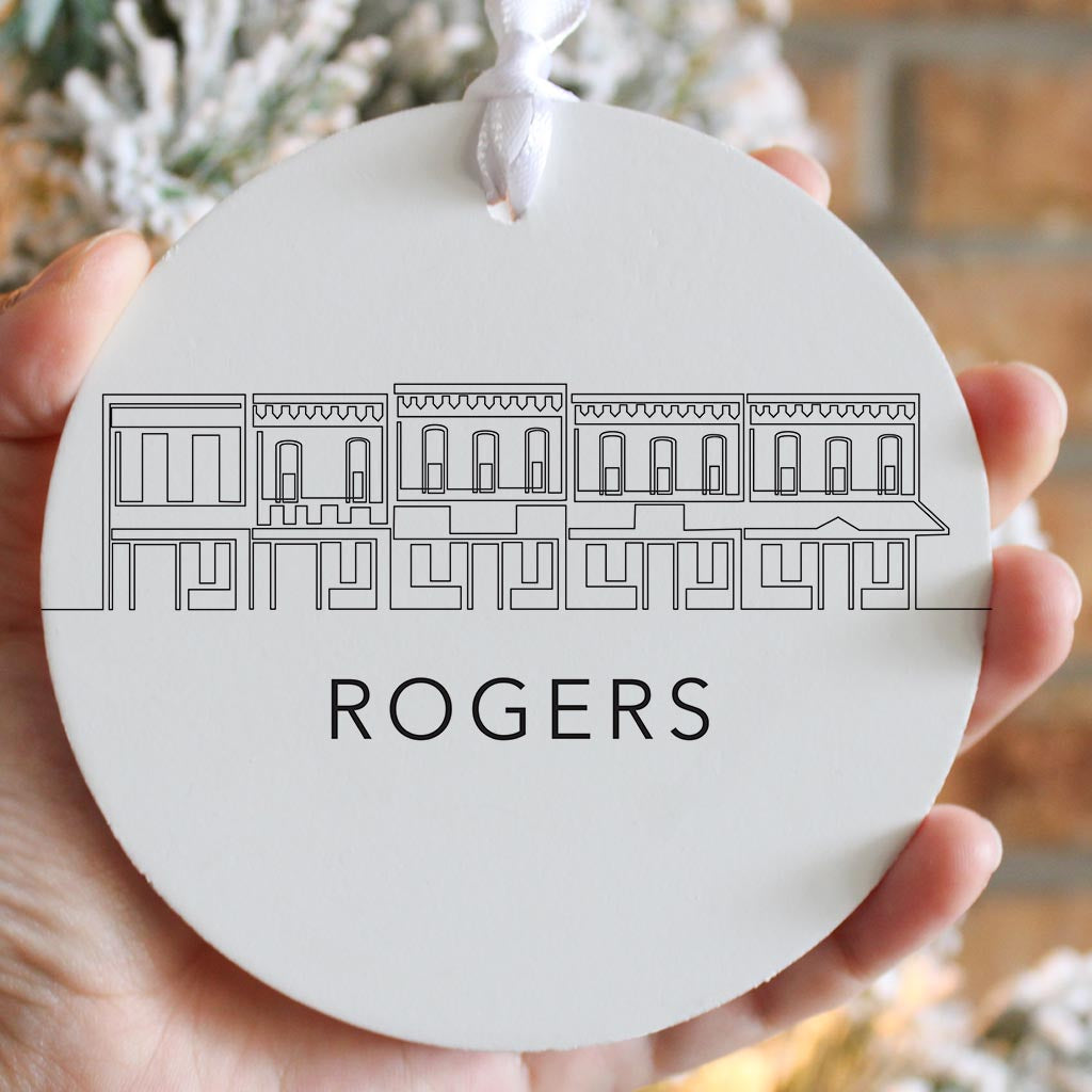 Minimalist B&W Arkansas Rogers Skyline | Wood Ornament | Eaches | Min 6