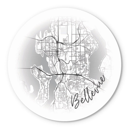 Minimalistic B&W Washington Bellevue Circle Map | Wood Sign | Eaches | Min 1