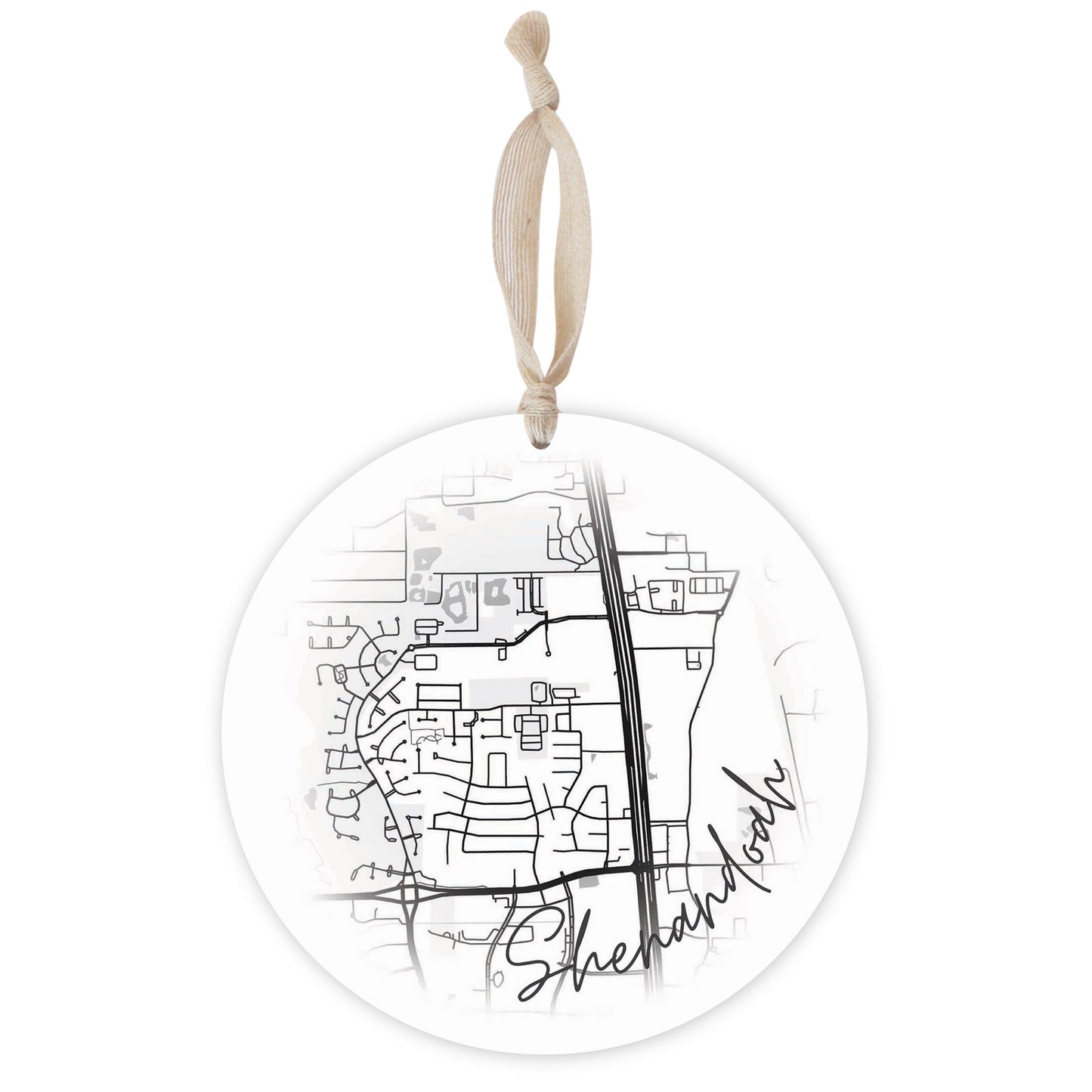 Minimalistic B&W Texas Shenandoah Circle Map | Wood Ornament | Eaches | Min 1