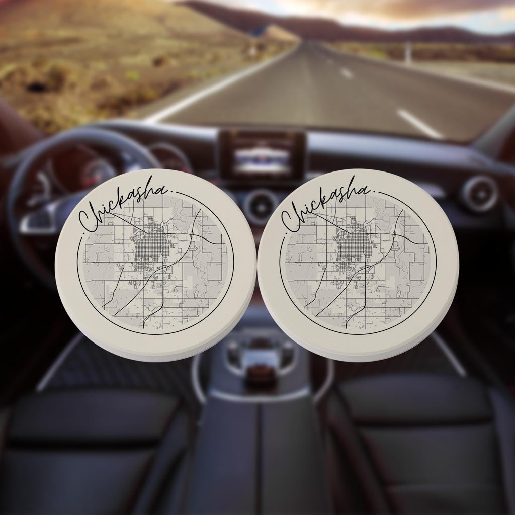 Modern Minimalist Oklahoma Chickasha Map | Absorbent Car Coasters | Set of 2 | Min 4