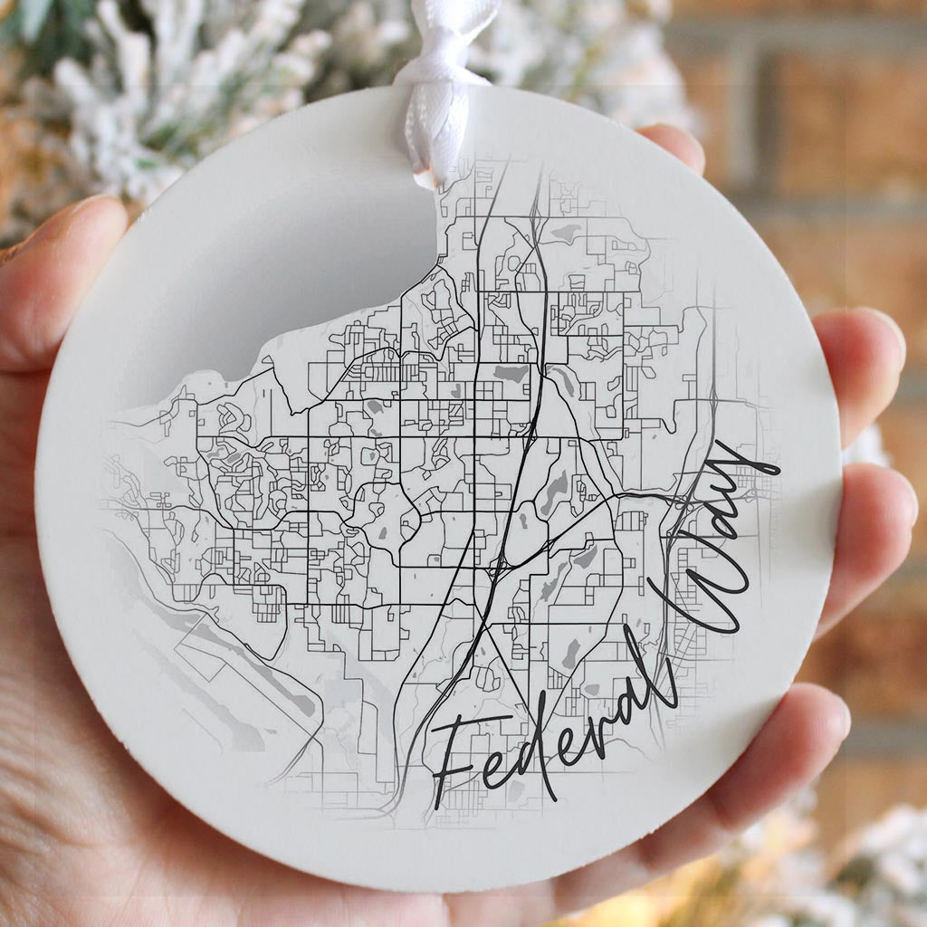 Minimalistic B&W Washington Federal Way Circle Map | Wood Ornament | Eaches | Min 6