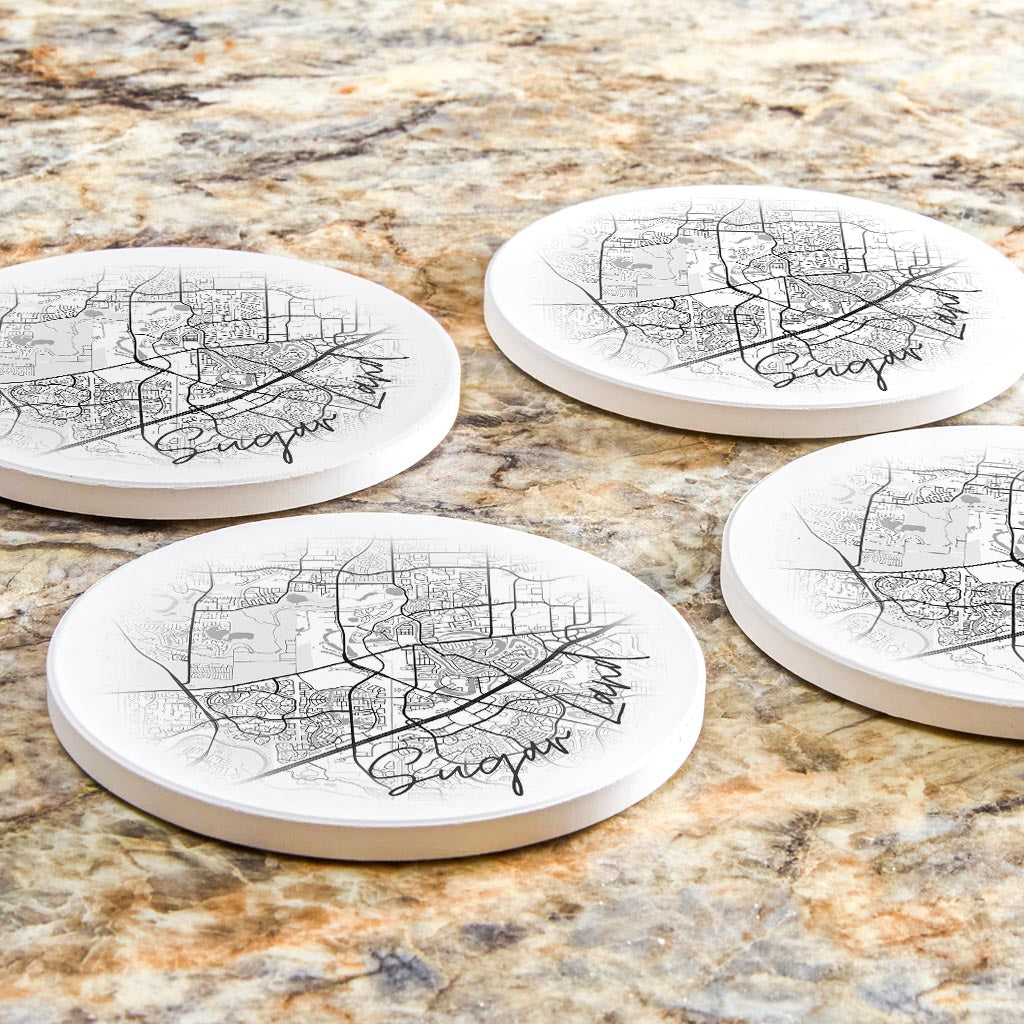 Minimalistic B&W Texas Sugarland Circle Map | Absorbent Coasters | Set of 4 | Min 2