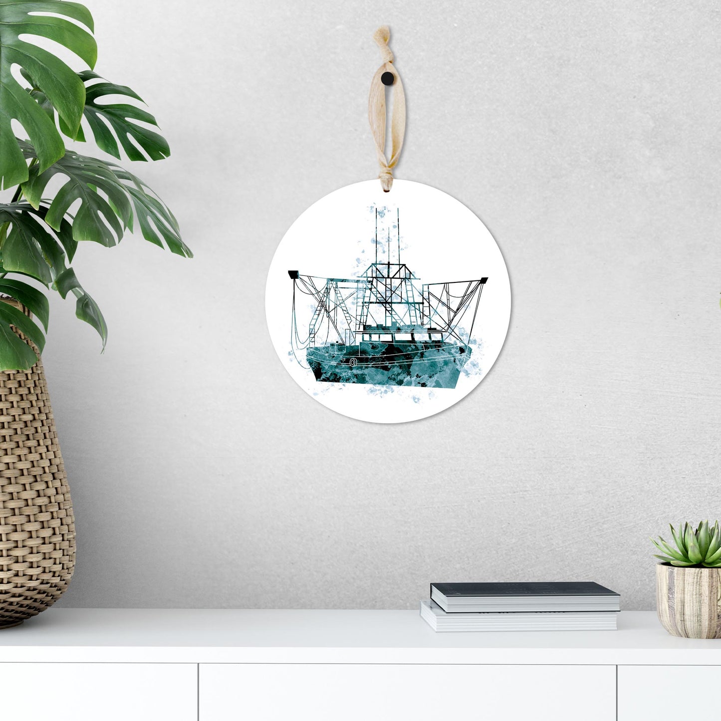 Blue White Water Color Shrimp Boat | Wood Ornament | Eaches | Min 1