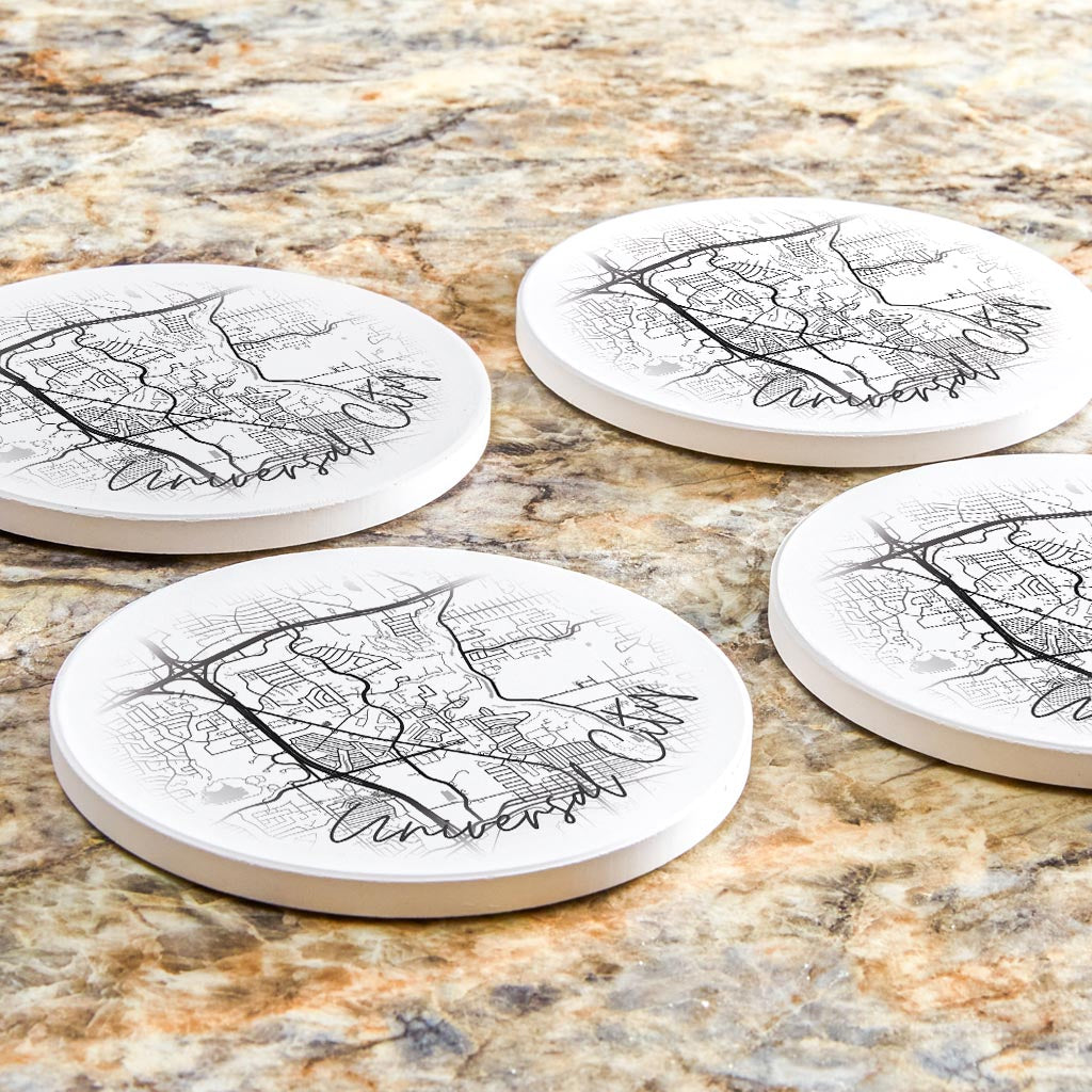 Minimalistic B&W Texas Universal City Circle Map | Absorbent Coasters | Set of 4 | Min 2