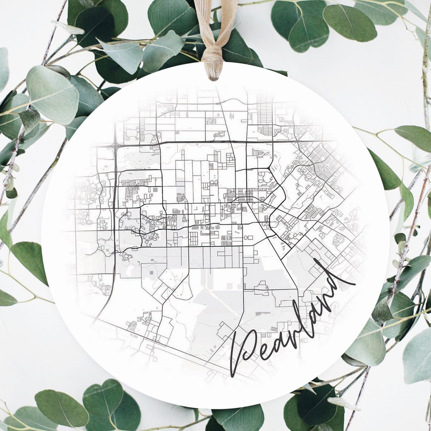 Minimalistic B&W Texas Pearland City Circle Map | Wood Ornament | Eaches | Min 1